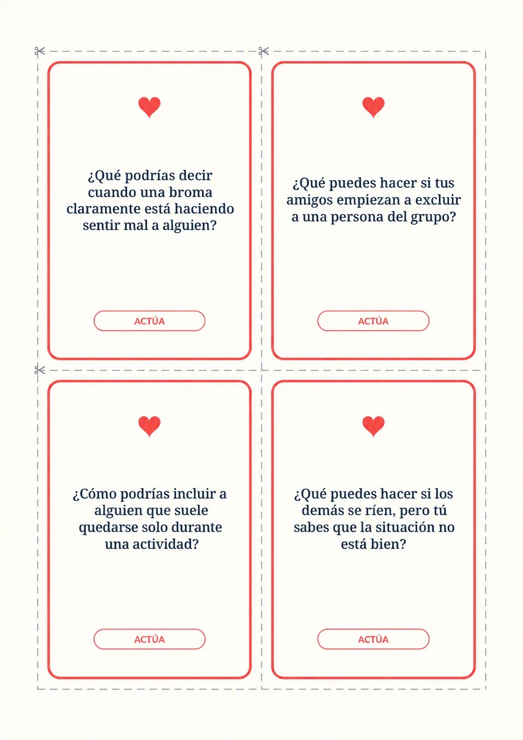 Página A4 com quatro tarjetas da etapa Actúa