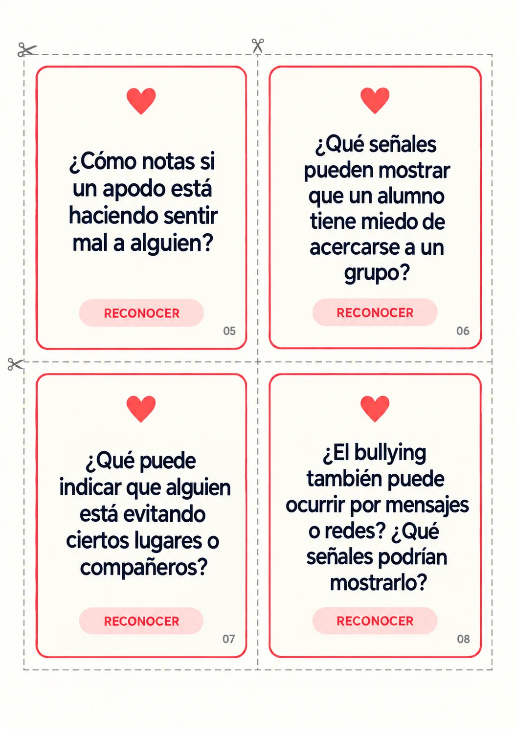 Página A4 com quatro tarjetas da etapa Reconocer